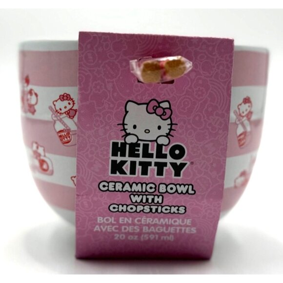 Hello Kitty Ceramic Bowl With Chopsticks Set 20 Oz Pink & White By Silver Buffal - Picture 2 of 5